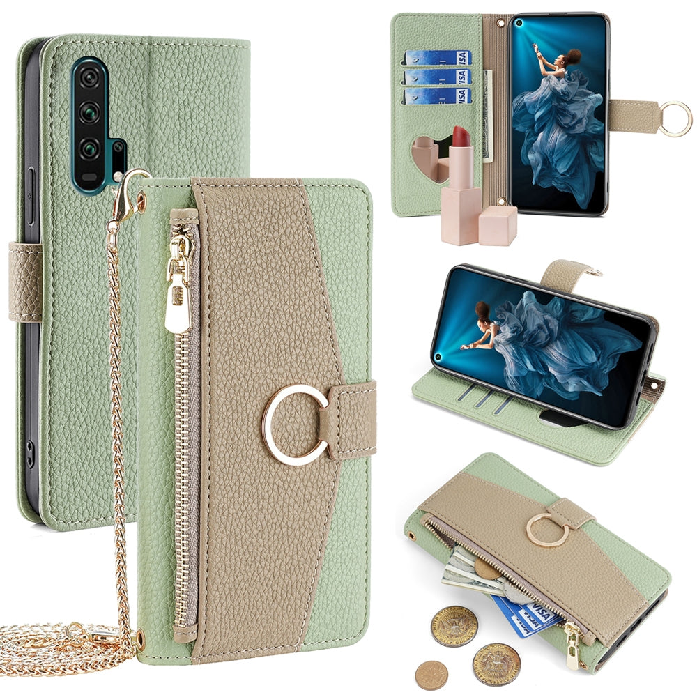 Honor 20 Pro Crossbody Phone Case with Litchi Texture Leather, Adjustable Kickstand, Card Slots, Zipper Purse, Makeup Mirror, and TPU Protection