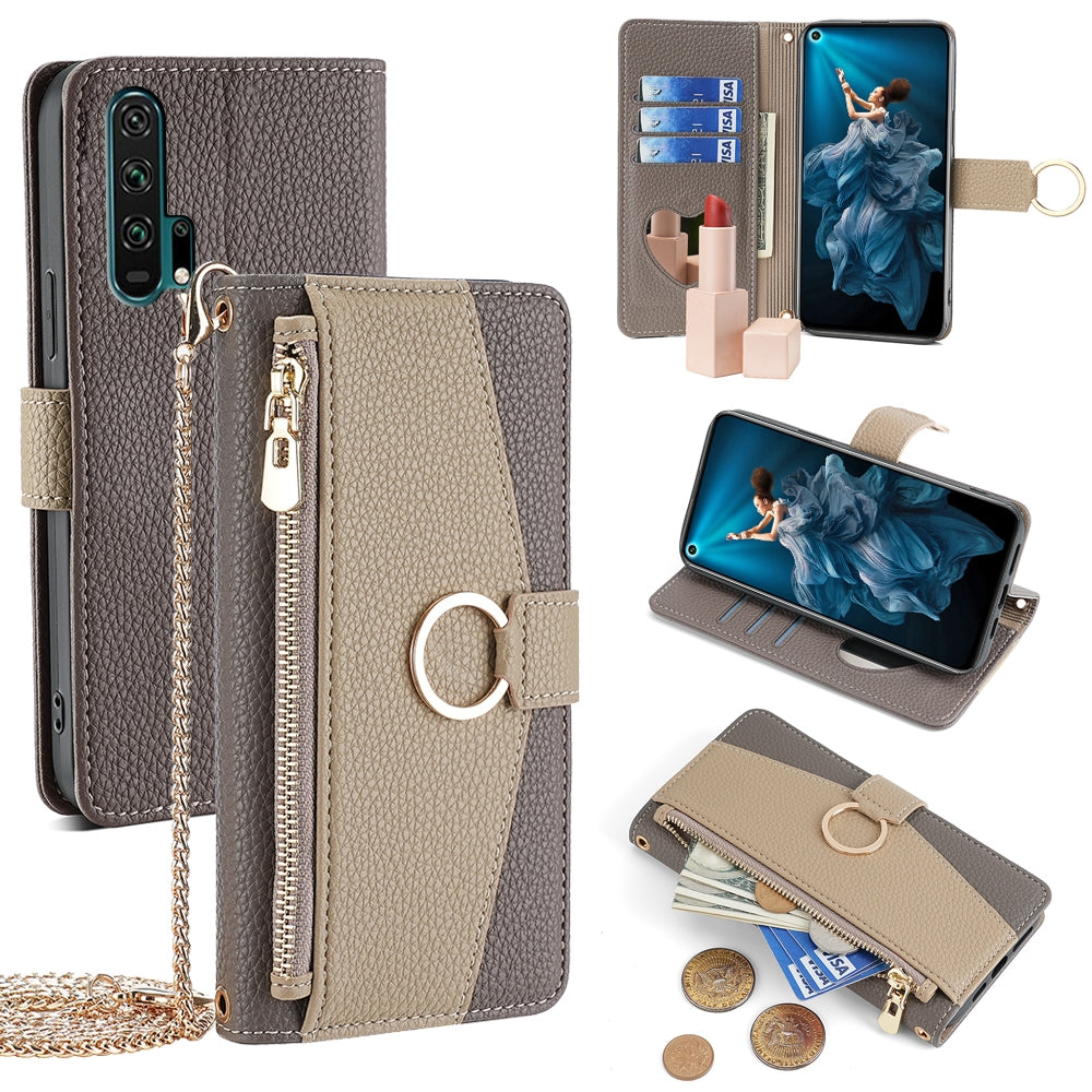 Honor 20 Pro Crossbody Phone Case with Litchi Texture Leather, Adjustable Kickstand, Card Slots, Zipper Purse, Makeup Mirror, and TPU Protection