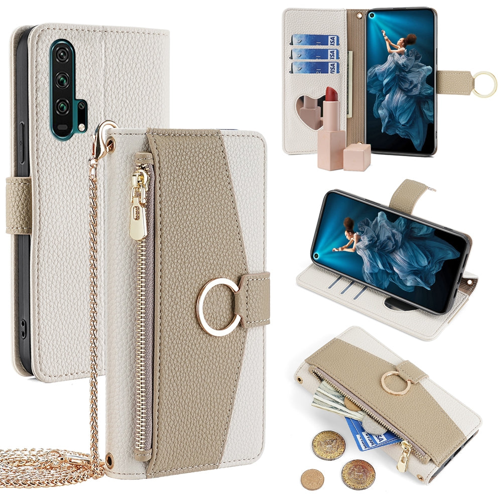 Honor 20 Pro Crossbody Phone Case with Litchi Texture Leather, Adjustable Kickstand, Card Slots, Zipper Purse, Makeup Mirror, and TPU Protection