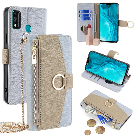 Honor 9X Lite Crossbody Phone Case with Litchi Texture Leather, Adjustable Kickstand, Card Slots, Zipper Purse, Makeup Mirror, and TPU Protection