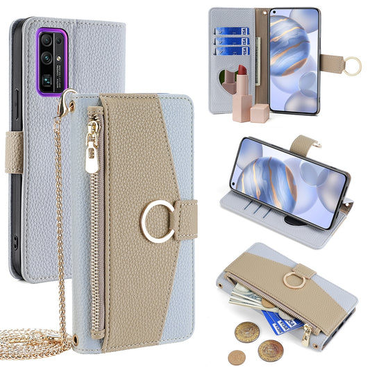 Honor 30 Crossbody Phone Case with Litchi Texture Leather, Adjustable Kickstand, Card Slots, Zipper Purse, Makeup Mirror, and TPU Protection