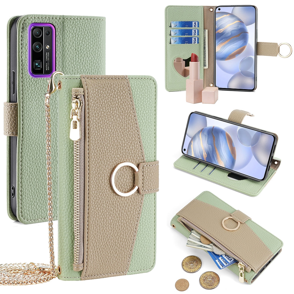 Honor 30 Crossbody Phone Case with Litchi Texture Leather, Adjustable Kickstand, Card Slots, Zipper Purse, Makeup Mirror, and TPU Protection
