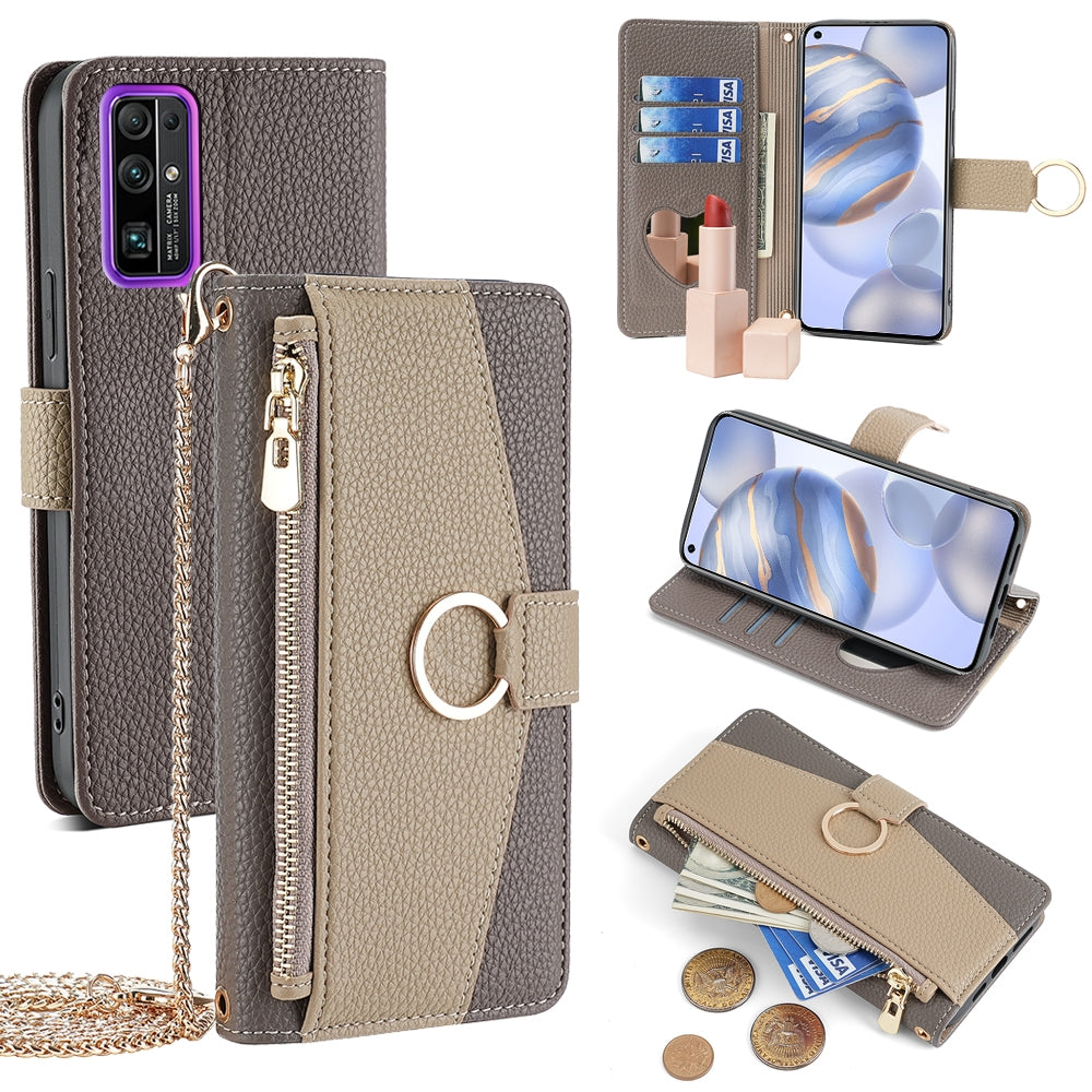 Honor 30 Crossbody Phone Case with Litchi Texture Leather, Adjustable Kickstand, Card Slots, Zipper Purse, Makeup Mirror, and TPU Protection