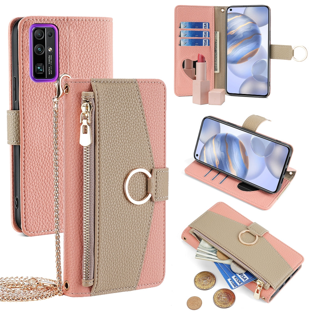 Honor 30 Crossbody Phone Case with Litchi Texture Leather, Adjustable Kickstand, Card Slots, Zipper Purse, Makeup Mirror, and TPU Protection