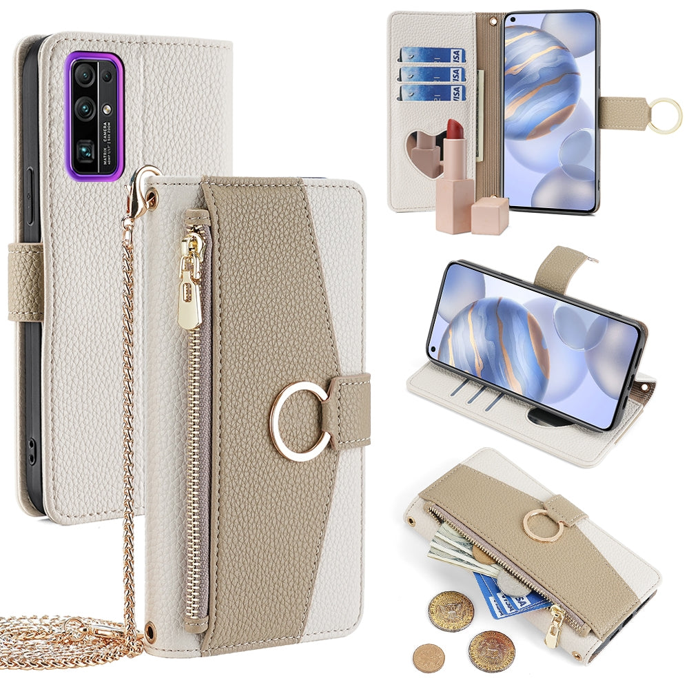 Honor 30 Crossbody Phone Case with Litchi Texture Leather, Adjustable Kickstand, Card Slots, Zipper Purse, Makeup Mirror, and TPU Protection