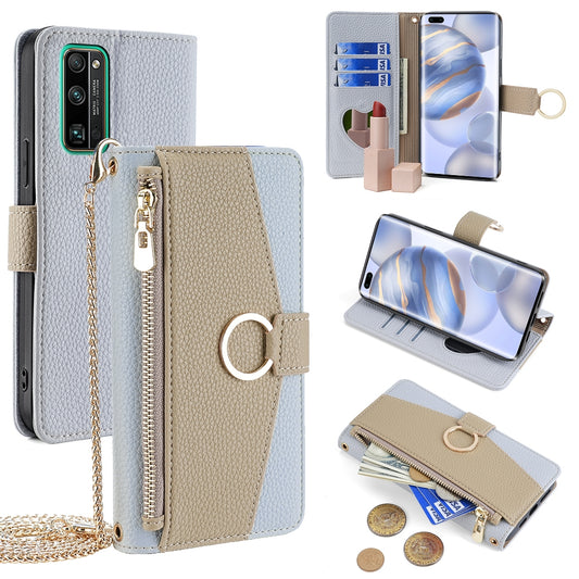 Honor 30 Pro Crossbody Phone Case with Litchi Texture Leather, Adjustable Kickstand, Card Slots, Zipper Purse, Makeup Mirror, and TPU Protection