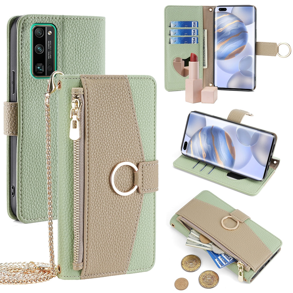 Honor 30 Pro Crossbody Phone Case with Litchi Texture Leather, Adjustable Kickstand, Card Slots, Zipper Purse, Makeup Mirror, and TPU Protection