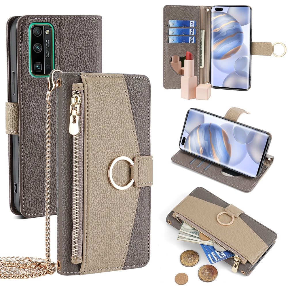 Honor 30 Pro Crossbody Phone Case with Litchi Texture Leather, Adjustable Kickstand, Card Slots, Zipper Purse, Makeup Mirror, and TPU Protection