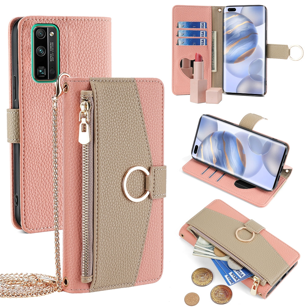 Honor 30 Pro Crossbody Phone Case with Litchi Texture Leather, Adjustable Kickstand, Card Slots, Zipper Purse, Makeup Mirror, and TPU Protection