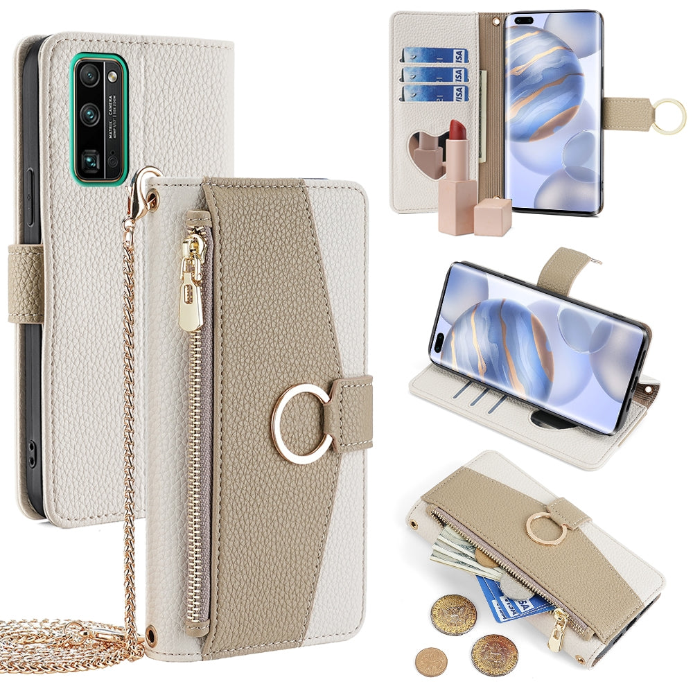 Honor 30 Pro Crossbody Phone Case with Litchi Texture Leather, Adjustable Kickstand, Card Slots, Zipper Purse, Makeup Mirror, and TPU Protection