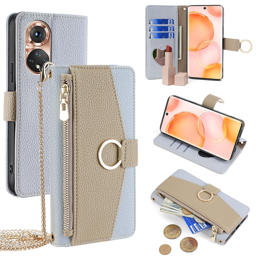 Honor 50 Crossbody Phone Case with Litchi Texture Leather, Adjustable Kickstand, Card Slots, Zipper Purse, Makeup Mirror, and TPU Protection