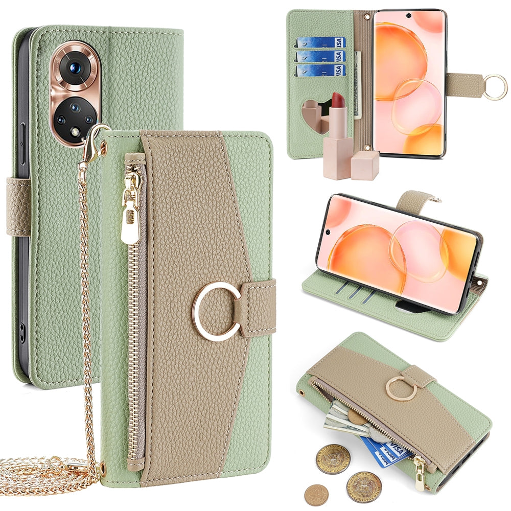 Honor 50 Crossbody Phone Case with Litchi Texture Leather, Adjustable Kickstand, Card Slots, Zipper Purse, Makeup Mirror, and TPU Protection