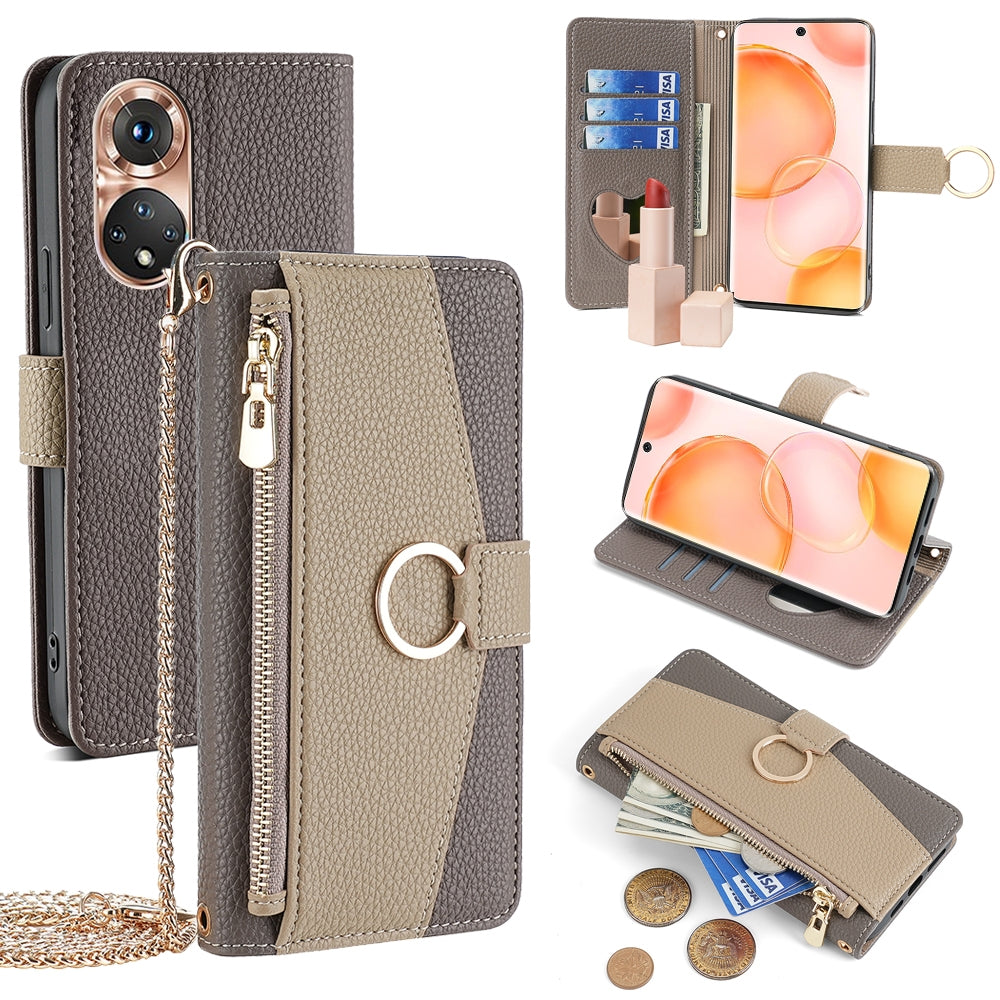 Honor 50 Crossbody Phone Case with Litchi Texture Leather, Adjustable Kickstand, Card Slots, Zipper Purse, Makeup Mirror, and TPU Protection