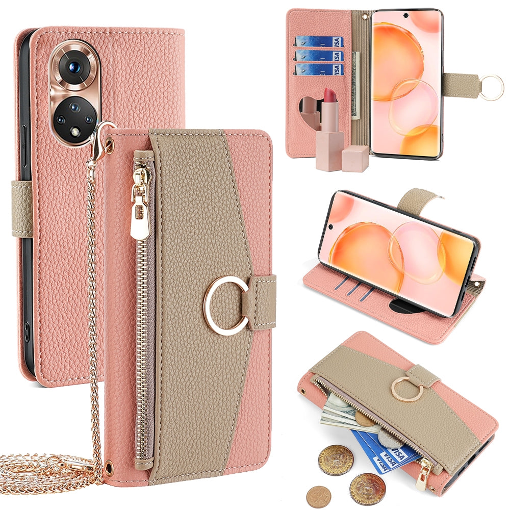 Honor 50 Crossbody Phone Case with Litchi Texture Leather, Adjustable Kickstand, Card Slots, Zipper Purse, Makeup Mirror, and TPU Protection