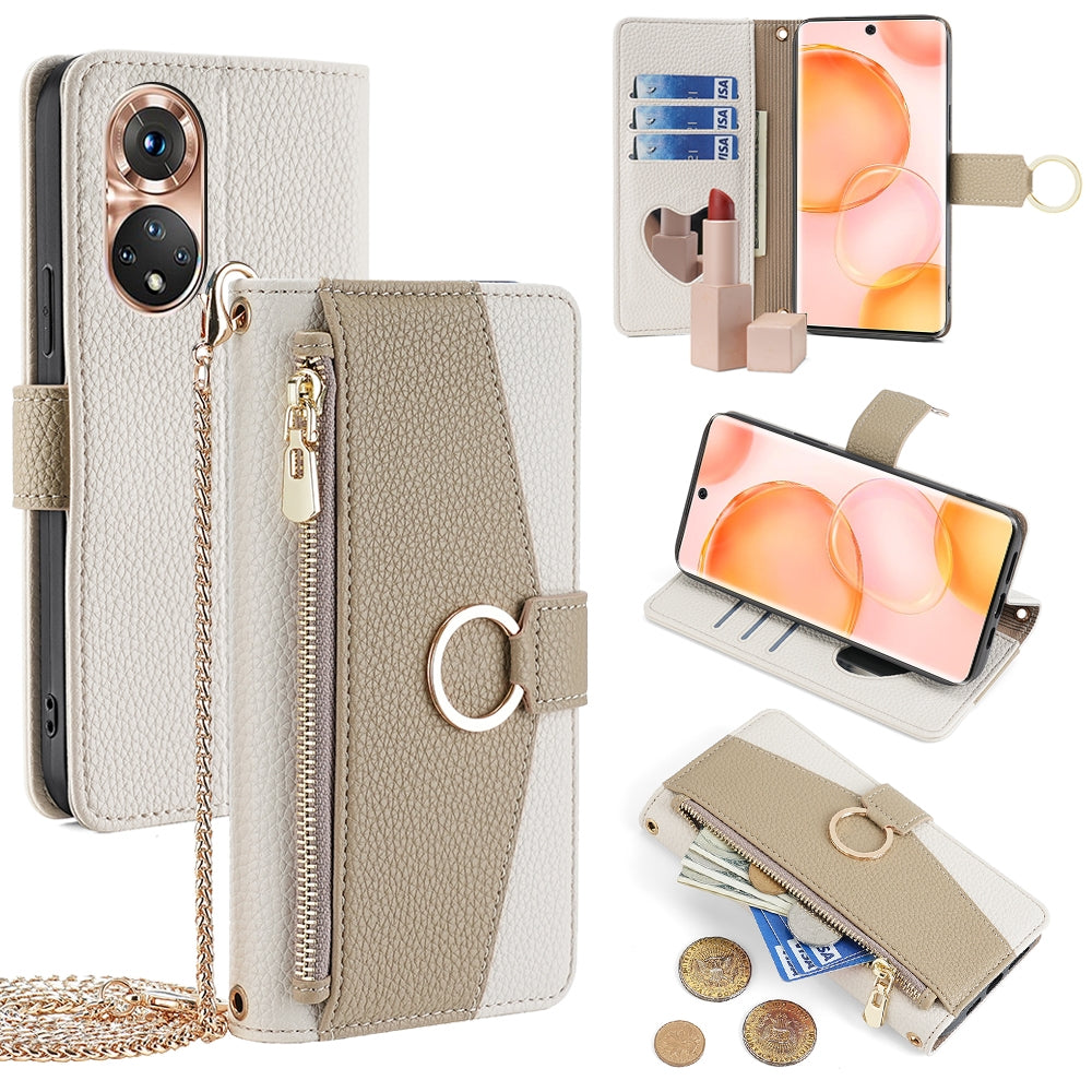 Honor 50 Crossbody Phone Case with Litchi Texture Leather, Adjustable Kickstand, Card Slots, Zipper Purse, Makeup Mirror, and TPU Protection