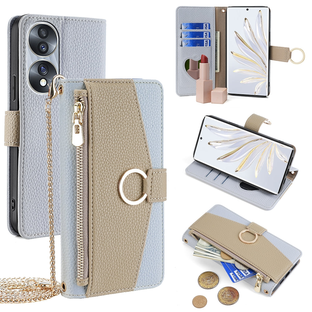 Honor 70 Crossbody Phone Case with Litchi Texture Leather, Adjustable Kickstand, Card Slots, Zipper Purse, Makeup Mirror, and TPU Protection
