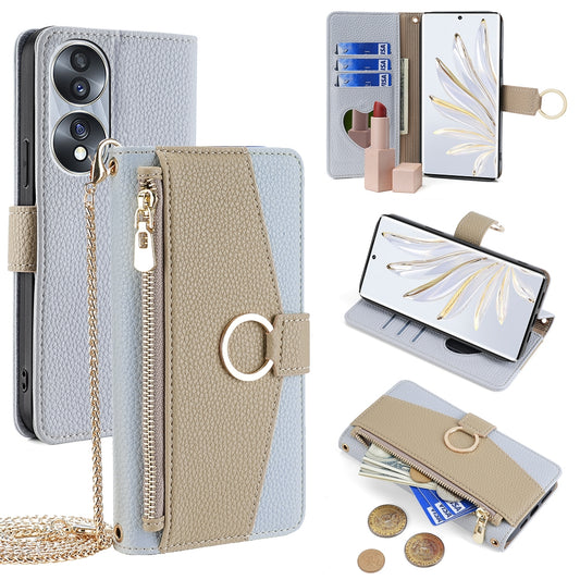 Honor 70 Crossbody Phone Case with Litchi Texture Leather, Adjustable Kickstand, Card Slots, Zipper Purse, Makeup Mirror, and TPU Protection