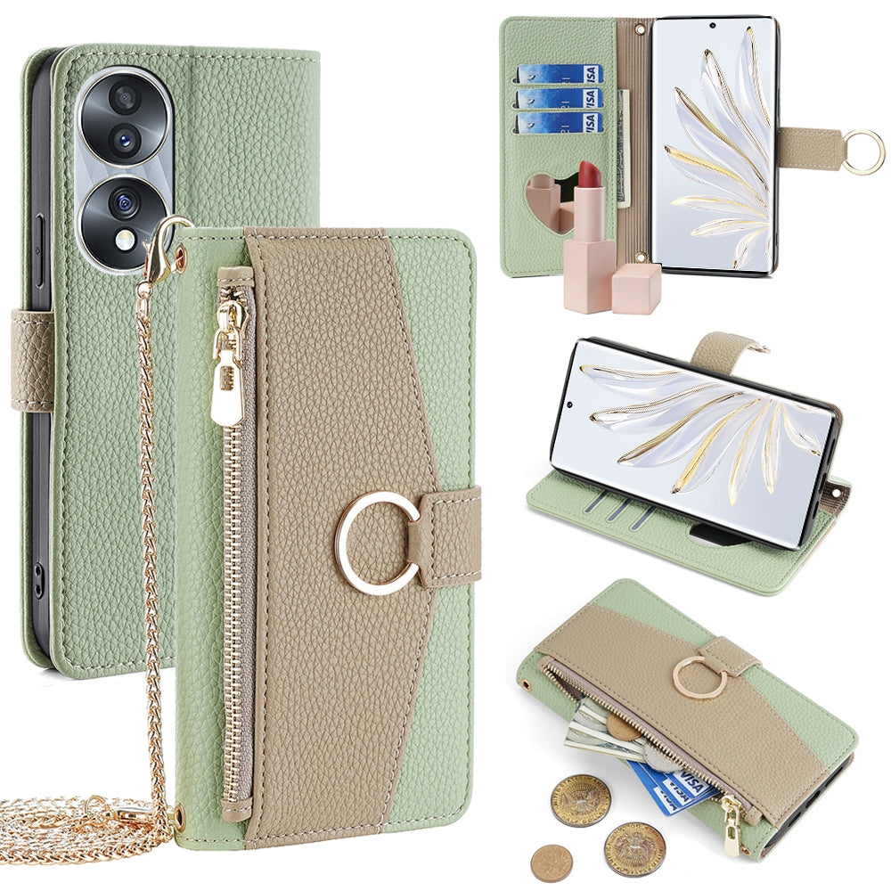Honor 70 Crossbody Phone Case with Litchi Texture Leather, Adjustable Kickstand, Card Slots, Zipper Purse, Makeup Mirror, and TPU Protection