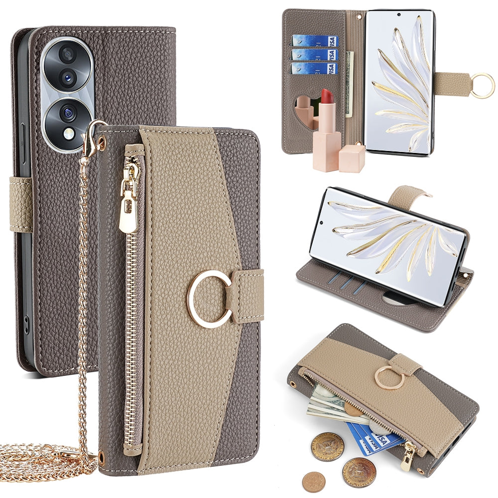 Honor 70 Crossbody Phone Case with Litchi Texture Leather, Adjustable Kickstand, Card Slots, Zipper Purse, Makeup Mirror, and TPU Protection