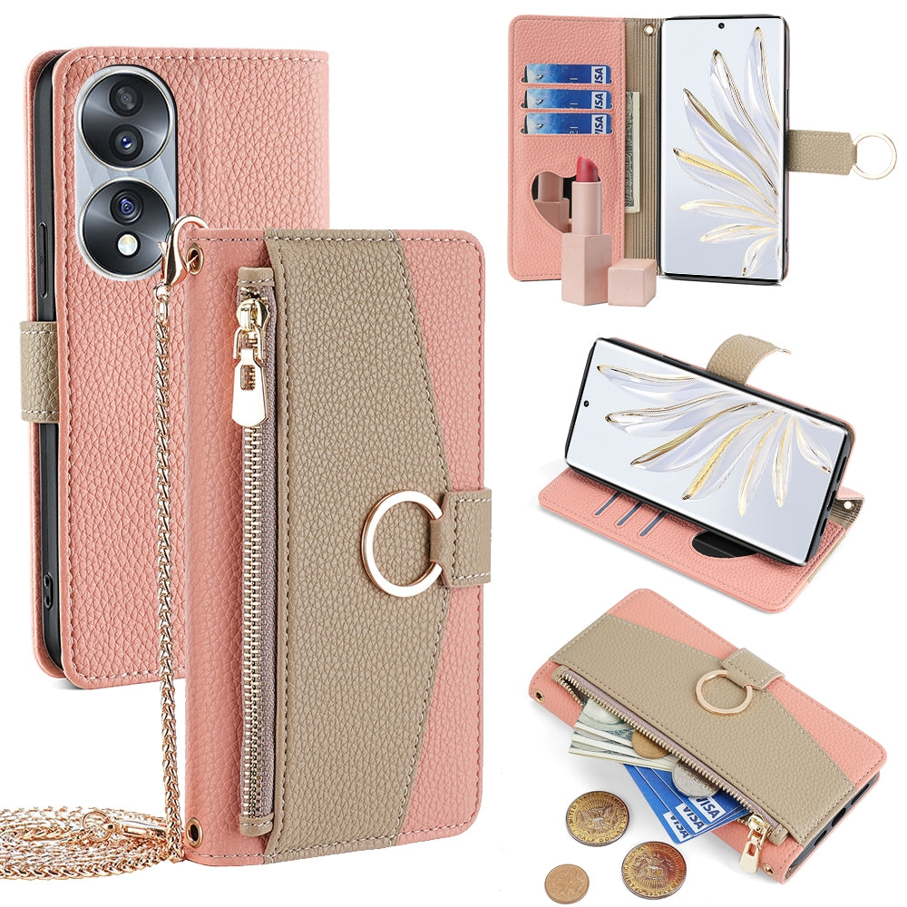Honor 70 Crossbody Phone Case with Litchi Texture Leather, Adjustable Kickstand, Card Slots, Zipper Purse, Makeup Mirror, and TPU Protection