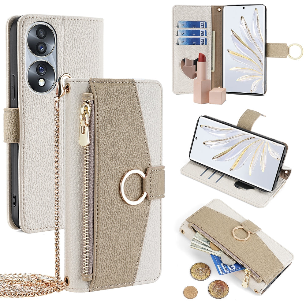 Honor 70 Crossbody Phone Case with Litchi Texture Leather, Adjustable Kickstand, Card Slots, Zipper Purse, Makeup Mirror, and TPU Protection