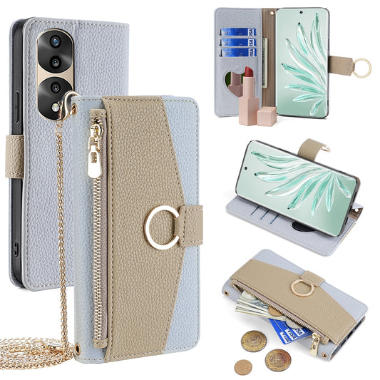 Honor 70 Pro/70 Pro+ Crossbody Phone Case with Litchi Texture Leather, Adjustable Kickstand, Card Slots, Zipper Purse, Makeup Mirror, and TPU Protection