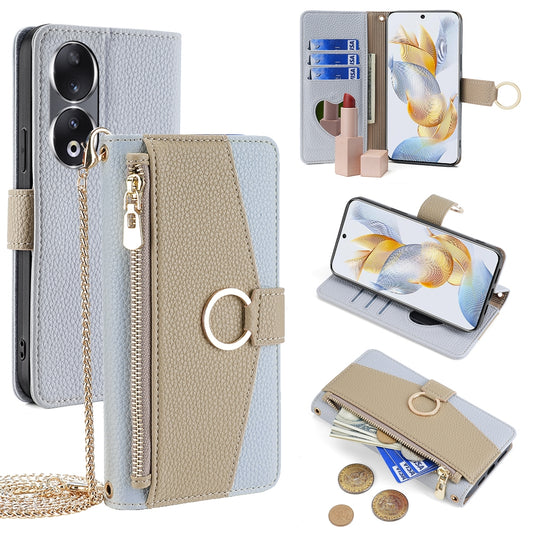 Honor 90 5G Crossbody Phone Case with Litchi Texture Leather, Adjustable Kickstand, Card Slots, Zipper Purse, Makeup Mirror, and TPU Protection