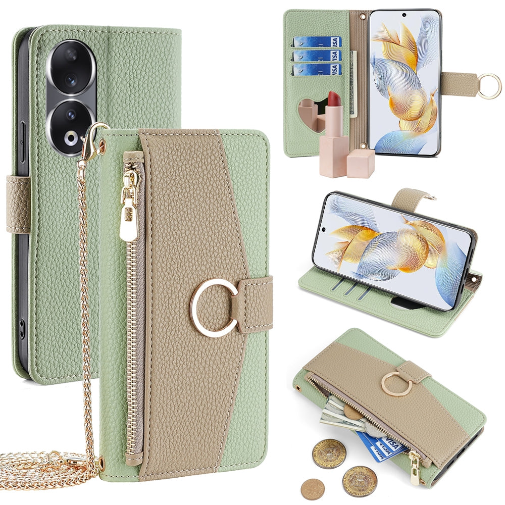 Honor 90 5G Crossbody Phone Case with Litchi Texture Leather, Adjustable Kickstand, Card Slots, Zipper Purse, Makeup Mirror, and TPU Protection