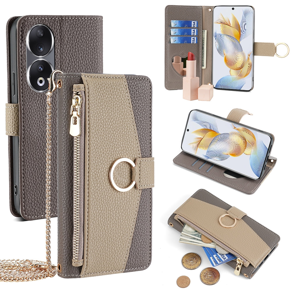 Honor 90 5G Crossbody Phone Case with Litchi Texture Leather, Adjustable Kickstand, Card Slots, Zipper Purse, Makeup Mirror, and TPU Protection
