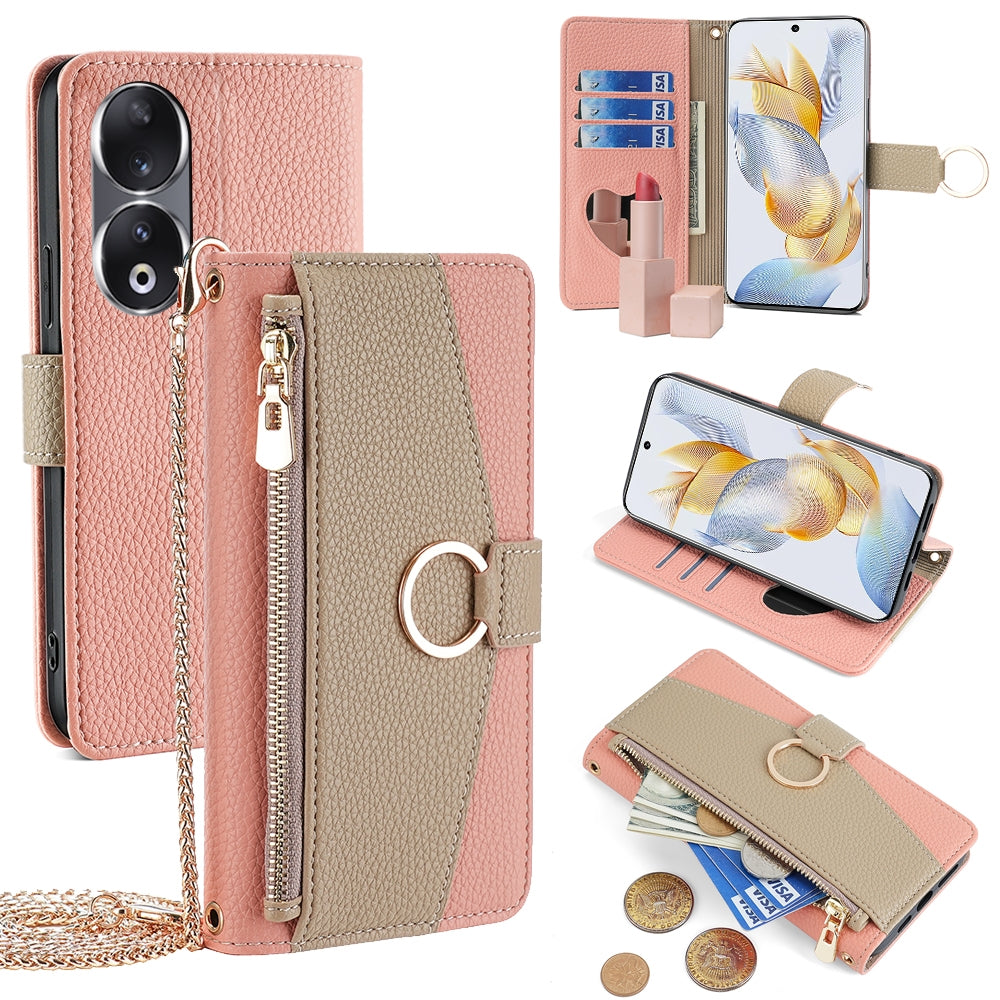 Honor 90 5G Crossbody Phone Case with Litchi Texture Leather, Adjustable Kickstand, Card Slots, Zipper Purse, Makeup Mirror, and TPU Protection