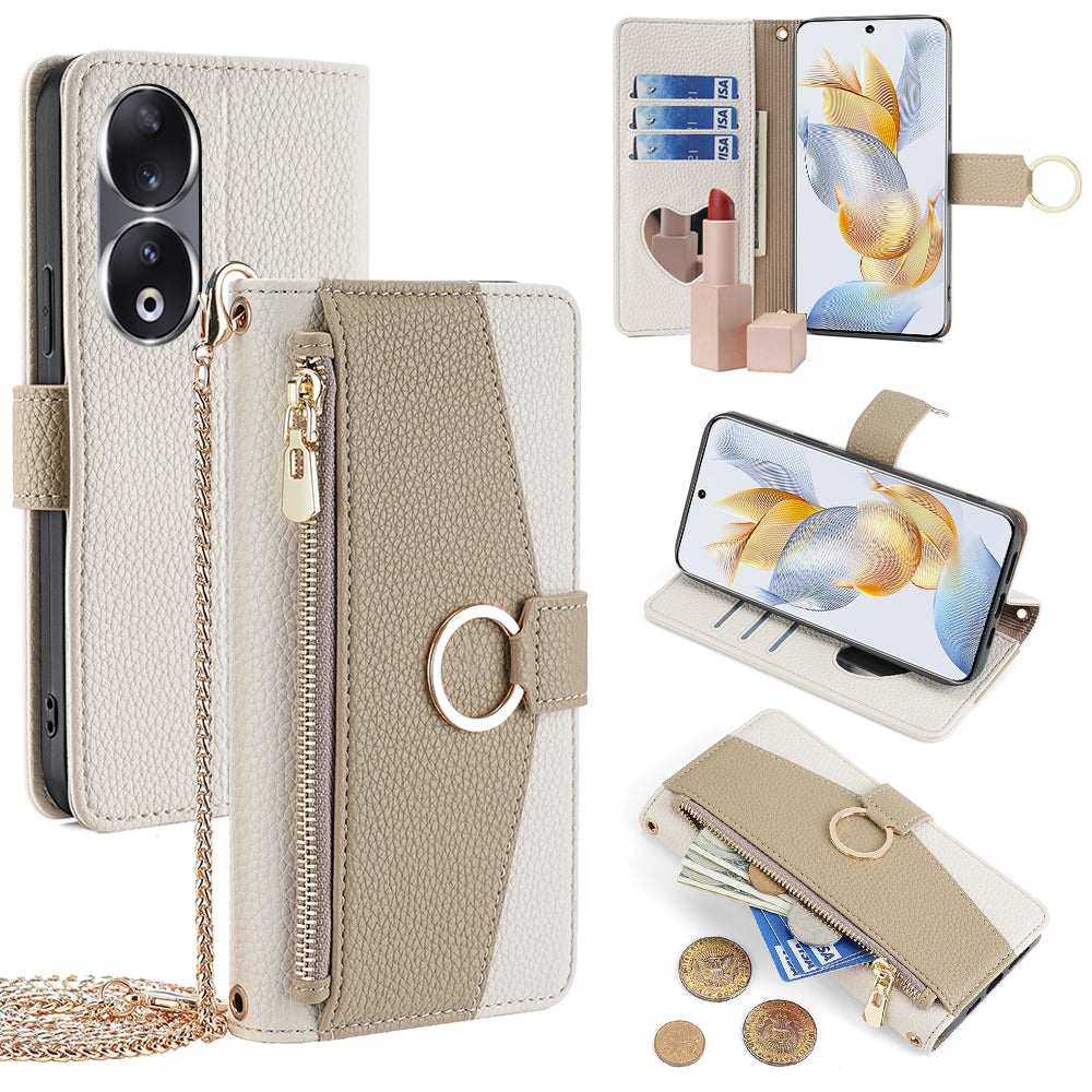 Honor 90 5G Crossbody Phone Case with Litchi Texture Leather, Adjustable Kickstand, Card Slots, Zipper Purse, Makeup Mirror, and TPU Protection