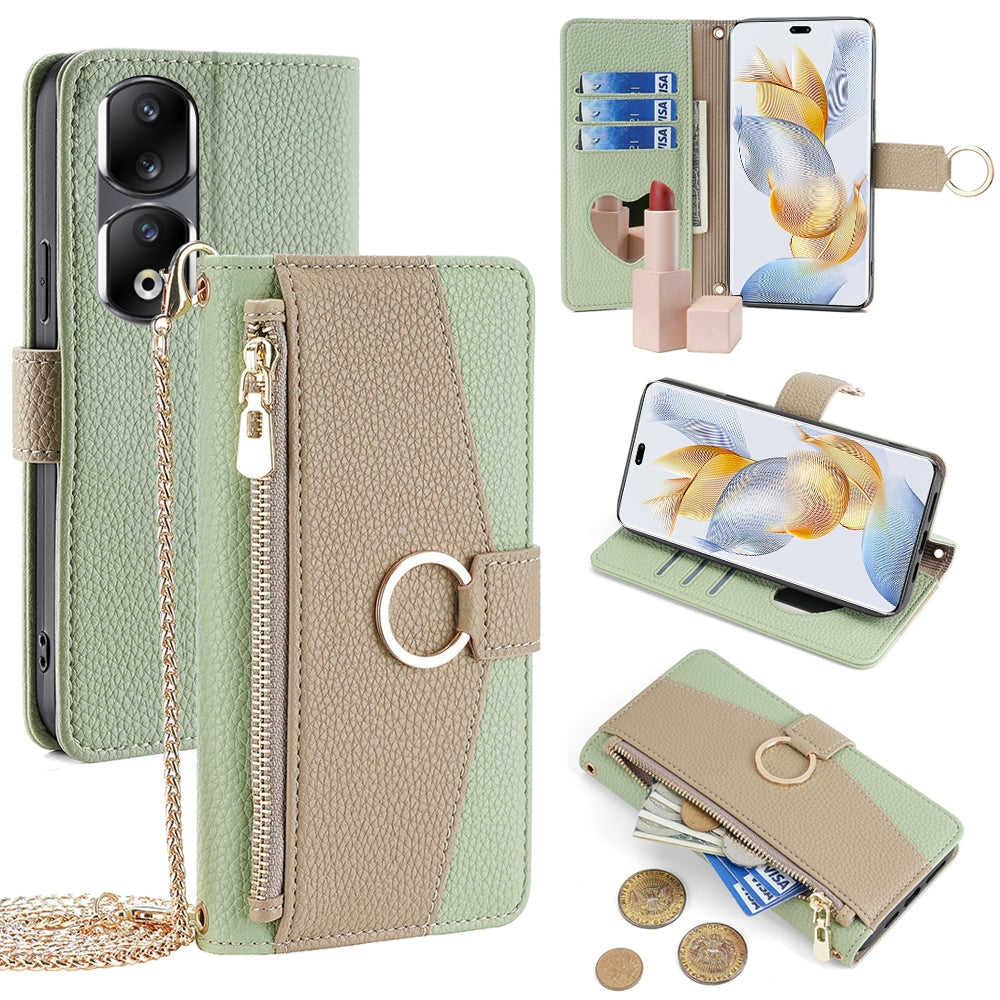 Honor 90 Pro 5G Crossbody Phone Case with Litchi Texture Leather, Adjustable Kickstand, Card Slots, Zipper Purse, Makeup Mirror, and TPU Protection
