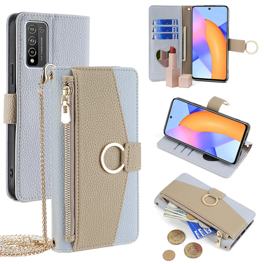 Honor 10X Lite Crossbody Phone Case with Litchi Texture Leather, Adjustable Kickstand, Card Slots, Zipper Purse, Makeup Mirror, and TPU Protection