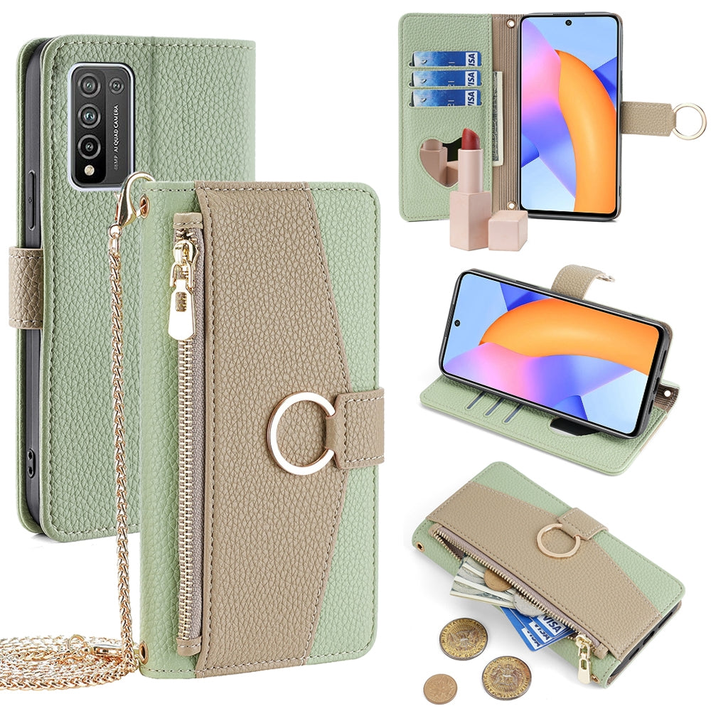 Honor 10X Lite Crossbody Phone Case with Litchi Texture Leather, Adjustable Kickstand, Card Slots, Zipper Purse, Makeup Mirror, and TPU Protection