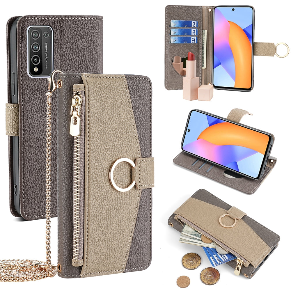 Honor 10X Lite Crossbody Phone Case with Litchi Texture Leather, Adjustable Kickstand, Card Slots, Zipper Purse, Makeup Mirror, and TPU Protection
