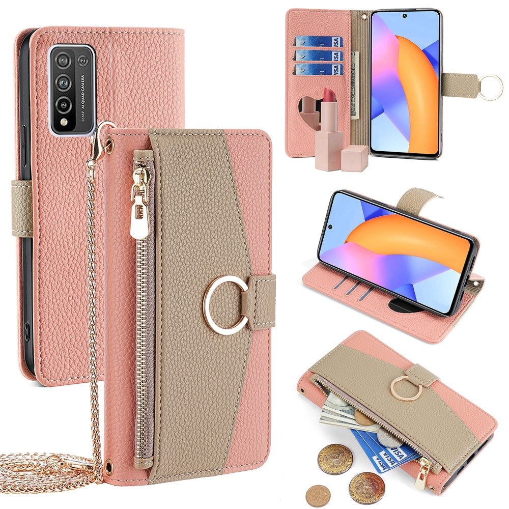 Honor 10X Lite Crossbody Phone Case with Litchi Texture Leather, Adjustable Kickstand, Card Slots, Zipper Purse, Makeup Mirror, and TPU Protection