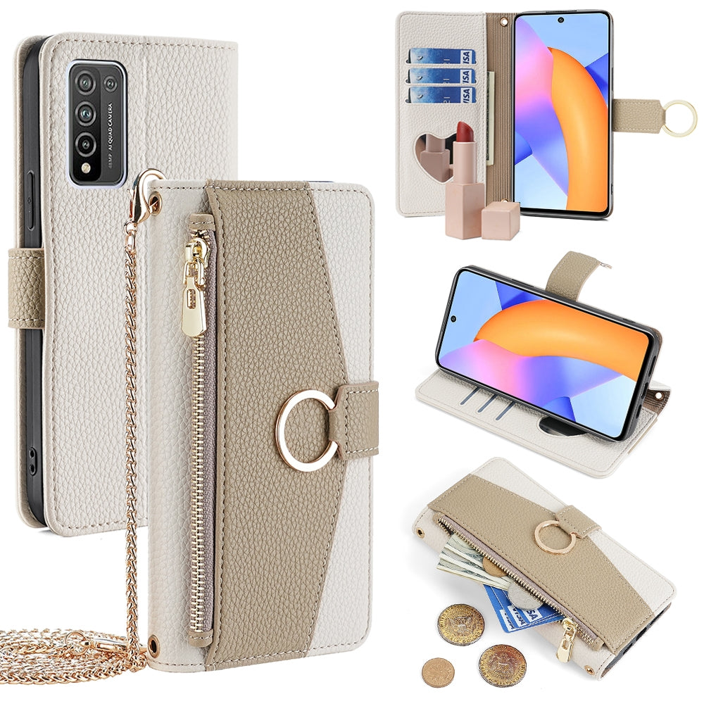 Honor 10X Lite Crossbody Phone Case with Litchi Texture Leather, Adjustable Kickstand, Card Slots, Zipper Purse, Makeup Mirror, and TPU Protection