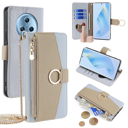 Honor Magic5 Crossbody Phone Case with Litchi Texture Leather, Adjustable Kickstand, Card Slots, Zipper Purse, Makeup Mirror, and TPU Protection