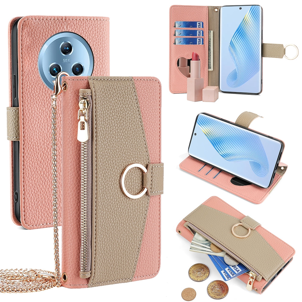 Honor Magic5 Crossbody Phone Case with Litchi Texture Leather, Adjustable Kickstand, Card Slots, Zipper Purse, Makeup Mirror, and TPU Protection
