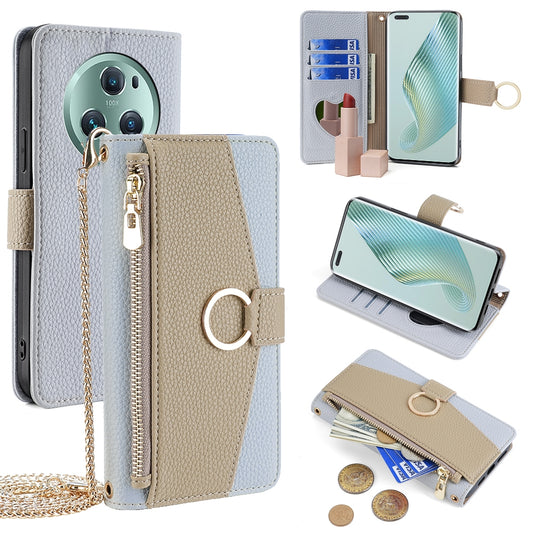 Honor Magic5 Pro Crossbody Phone Case with Litchi Texture Leather, Adjustable Kickstand, Card Slots, Zipper Purse, Makeup Mirror, and TPU Protection