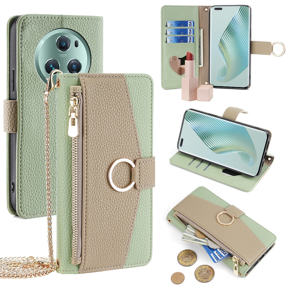 Honor Magic5 Pro Crossbody Phone Case with Litchi Texture Leather, Adjustable Kickstand, Card Slots, Zipper Purse, Makeup Mirror, and TPU Protection