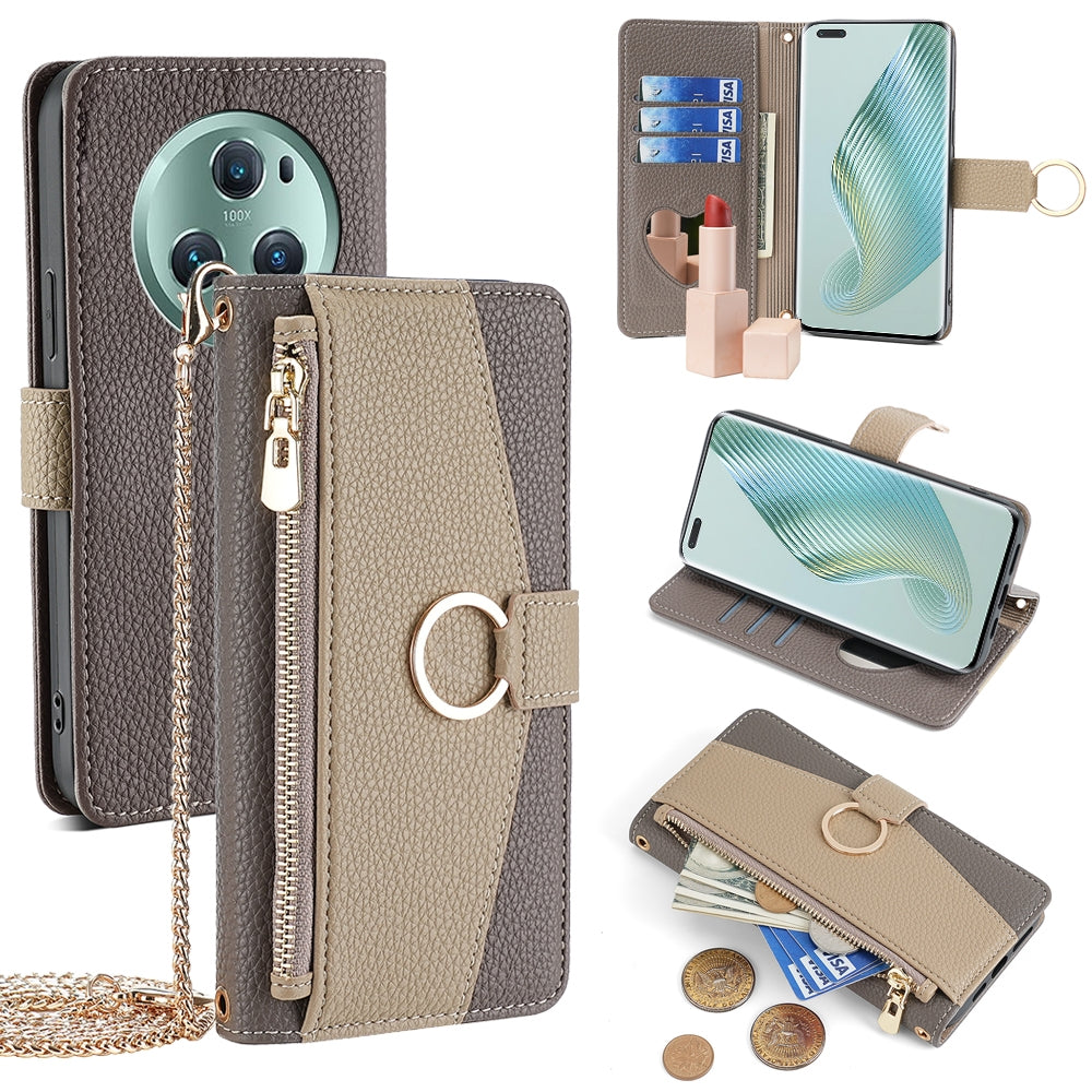 Honor Magic5 Pro Crossbody Phone Case with Litchi Texture Leather, Adjustable Kickstand, Card Slots, Zipper Purse, Makeup Mirror, and TPU Protection