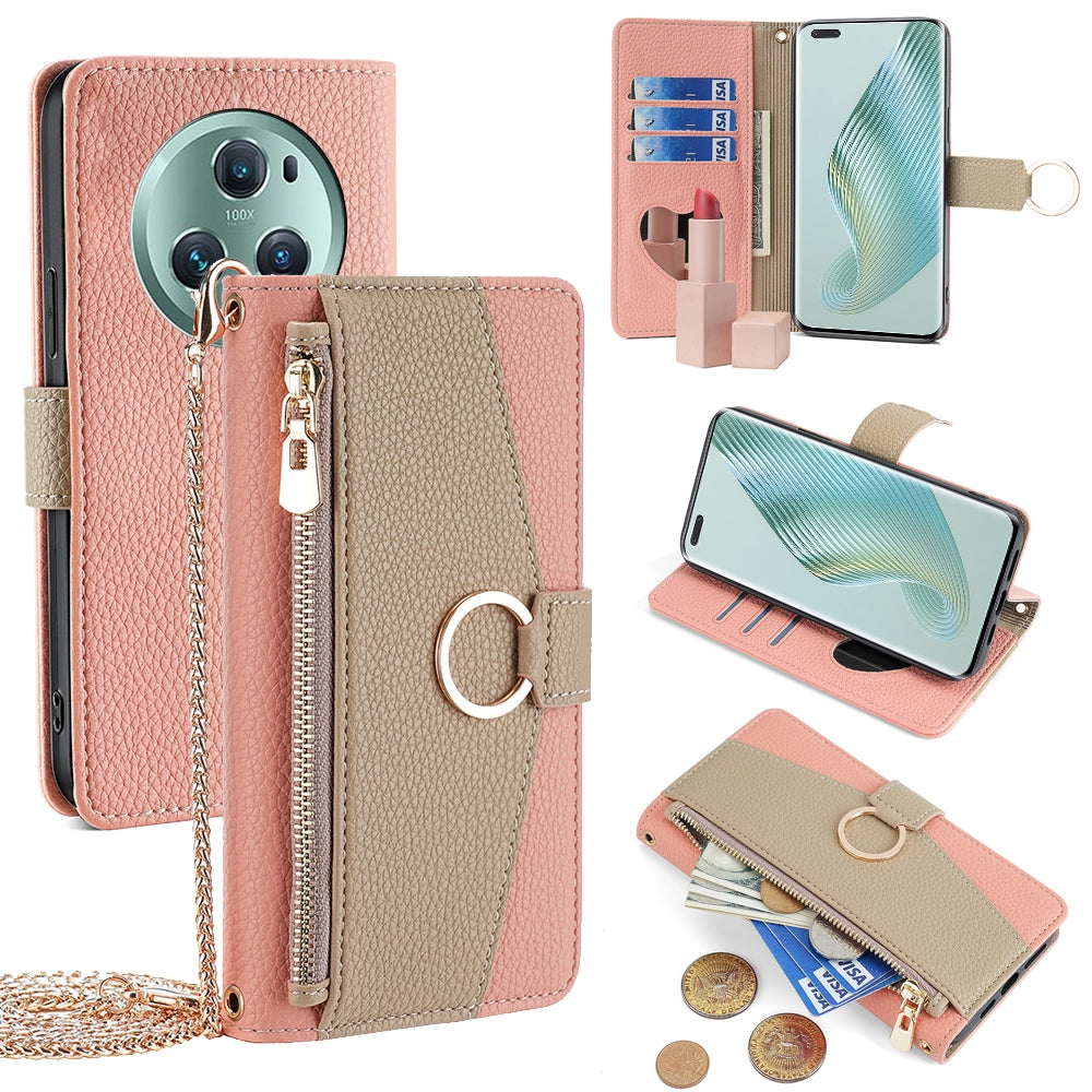 Honor Magic5 Pro Crossbody Phone Case with Litchi Texture Leather, Adjustable Kickstand, Card Slots, Zipper Purse, Makeup Mirror, and TPU Protection