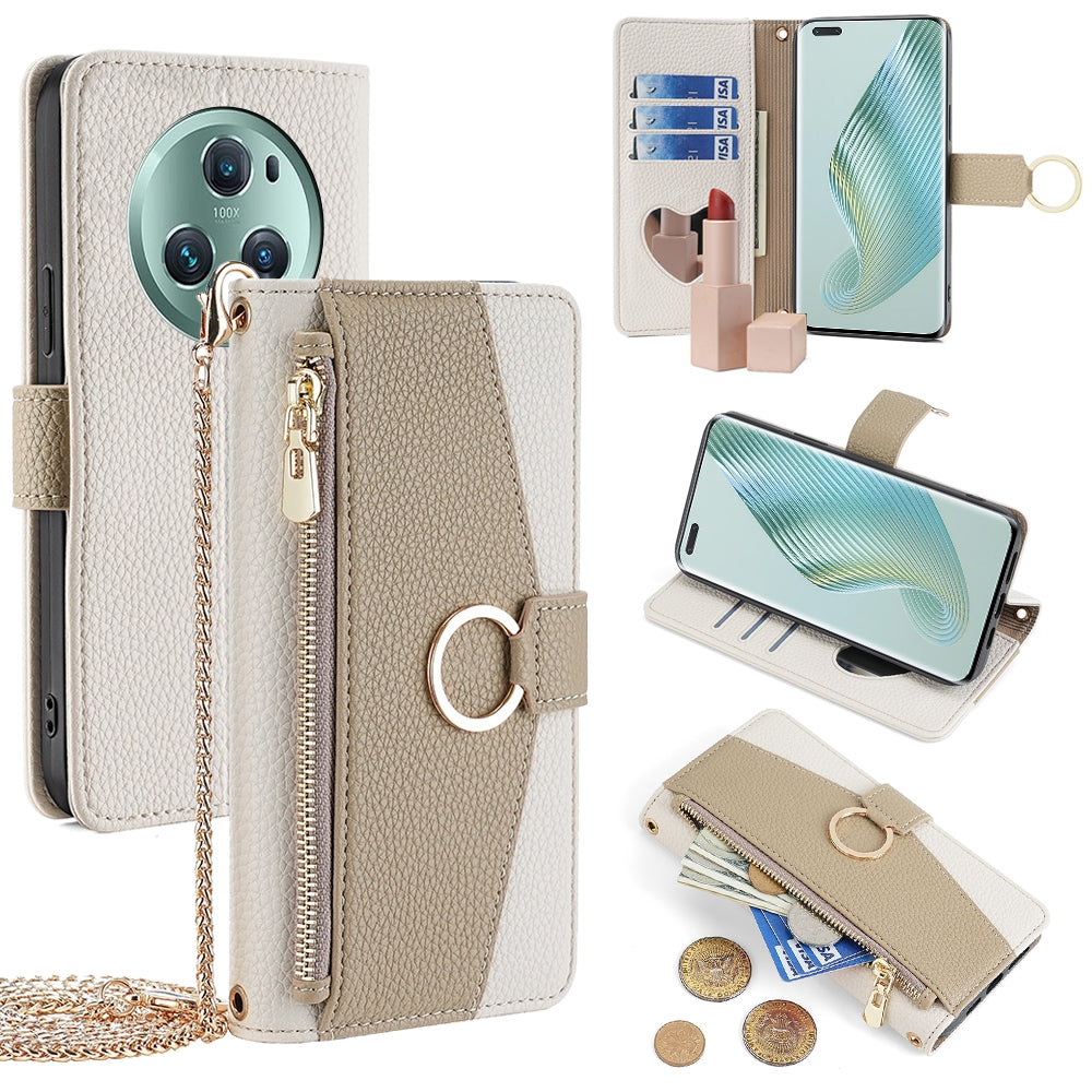 Honor Magic5 Pro Crossbody Phone Case with Litchi Texture Leather, Adjustable Kickstand, Card Slots, Zipper Purse, Makeup Mirror, and TPU Protection