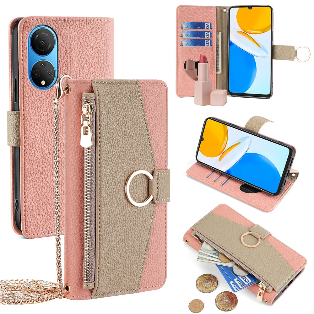 Honor X7 4G Crossbody Phone Case with Litchi Texture Leather, Adjustable Kickstand, Card Slots, Zipper Purse, Makeup Mirror, and TPU Protection