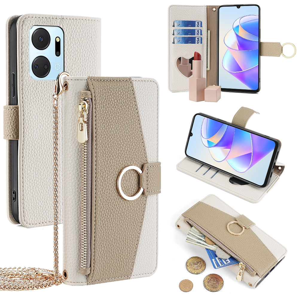 Honor X7a Crossbody Phone Case with Litchi Texture Leather, Adjustable Kickstand, Card Slots, Zipper Purse, Makeup Mirror, and TPU Protection