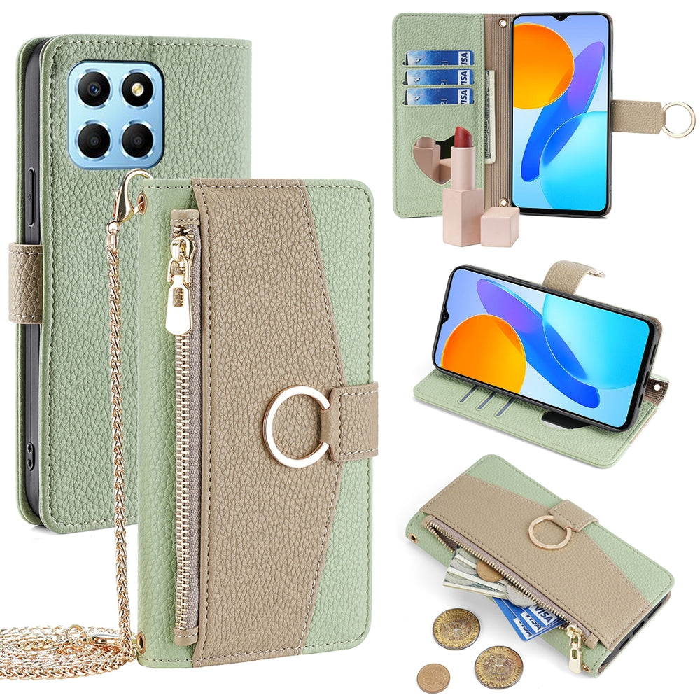 Honor X6 Crossbody Phone Case with Litchi Texture Leather, Adjustable Kickstand, Card Slots, Zipper Purse, Makeup Mirror, and TPU Protection