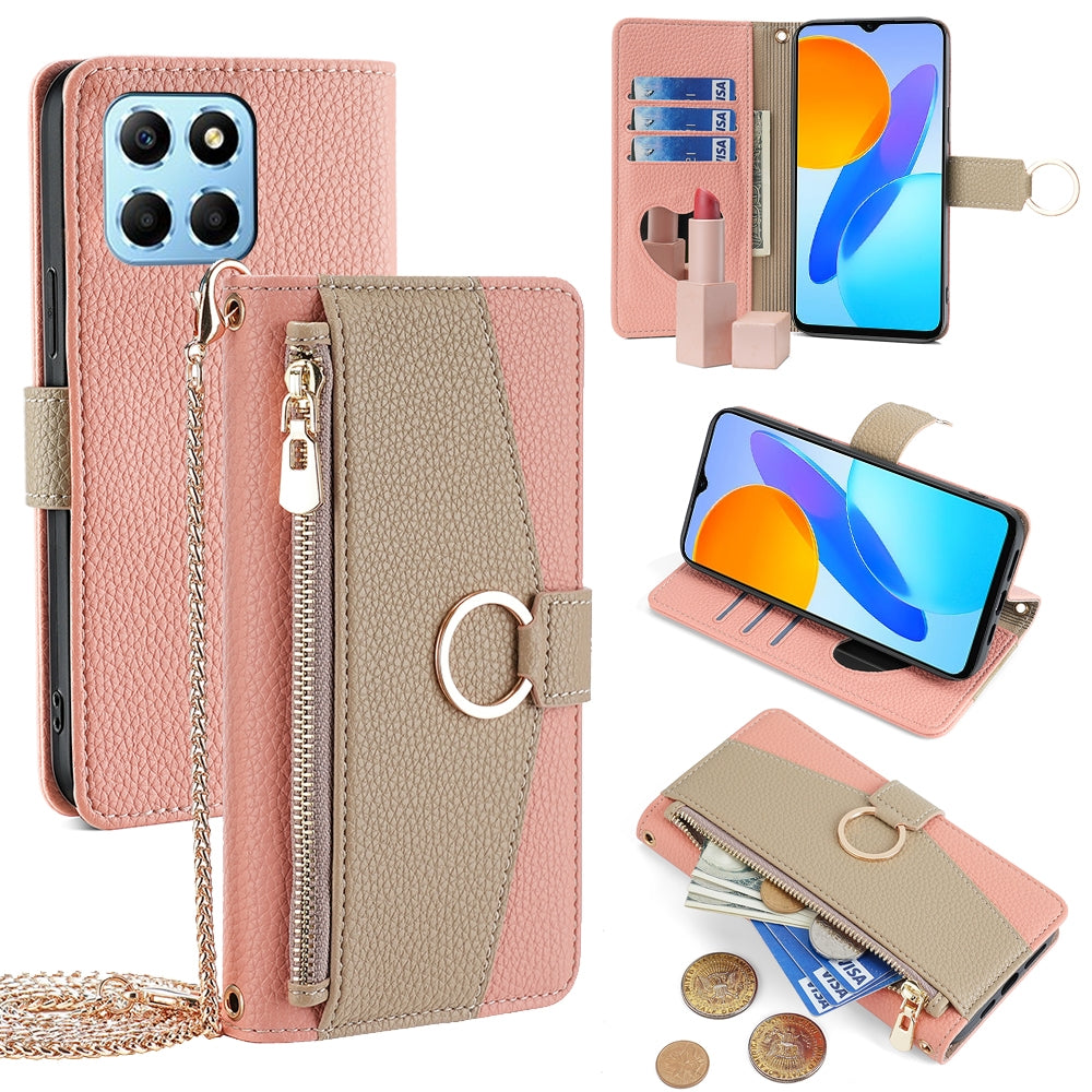 Honor X6 Crossbody Phone Case with Litchi Texture Leather, Adjustable Kickstand, Card Slots, Zipper Purse, Makeup Mirror, and TPU Protection