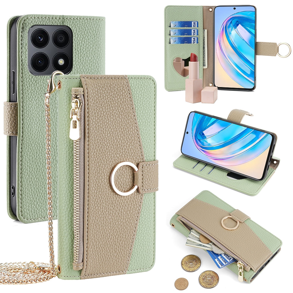 Honor X8a Crossbody Phone Case with Litchi Texture Leather, Adjustable Kickstand, Card Slots, Zipper Purse, Makeup Mirror, and TPU Protection