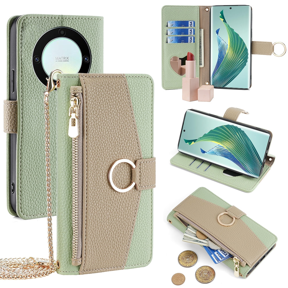 Honor X9a 5G Crossbody Phone Case with Litchi Texture Leather, Adjustable Kickstand, Card Slots, Zipper Purse, Makeup Mirror, and TPU Protection